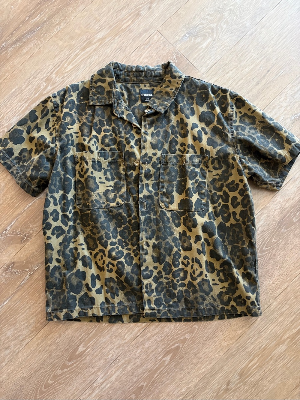 RSQ Olive and Black Leopard-Print Short-Sleeve Shirt Jacket
